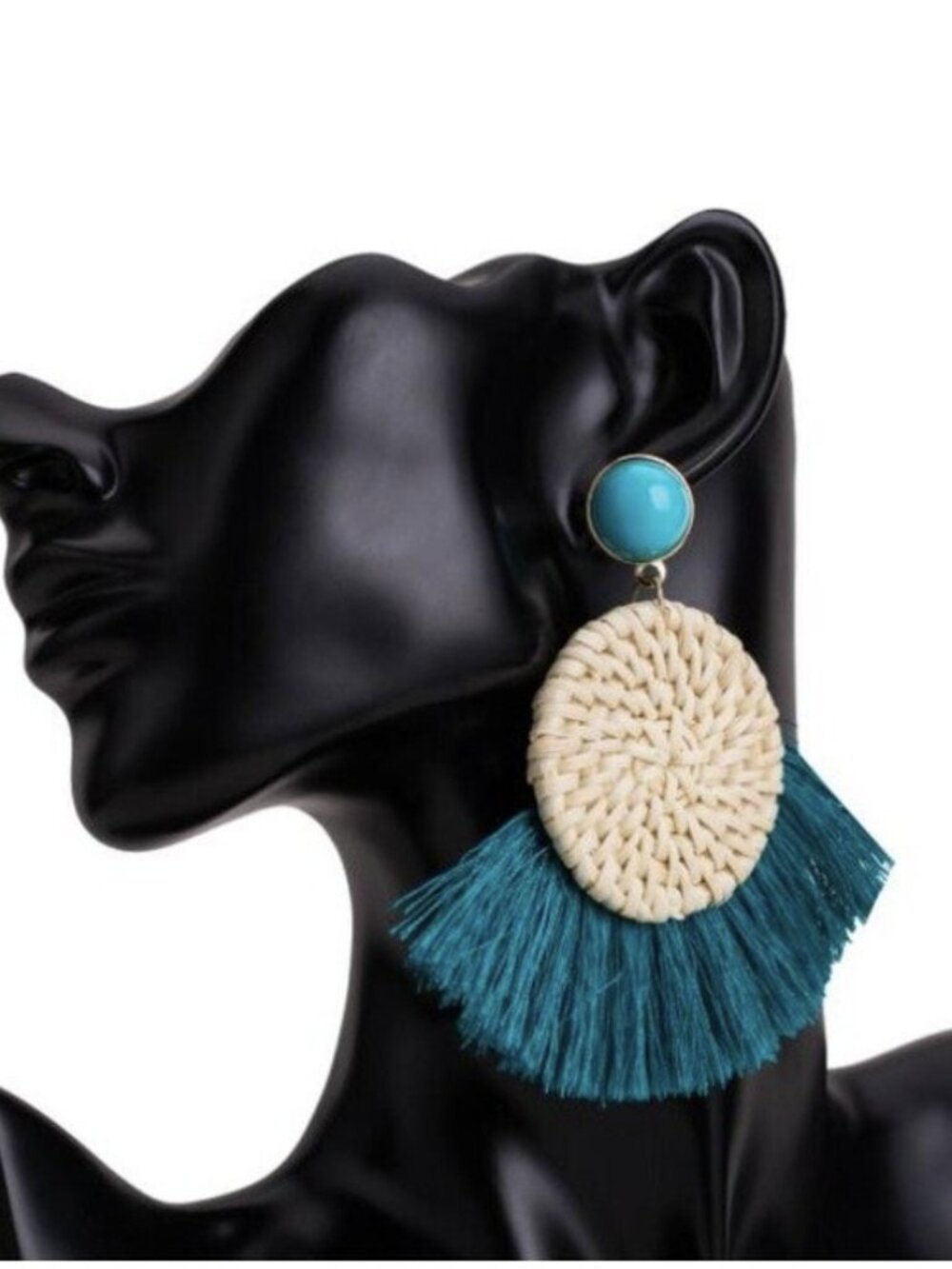 Teal Blue Woven Boho Large Round Tassel Drop Earrings